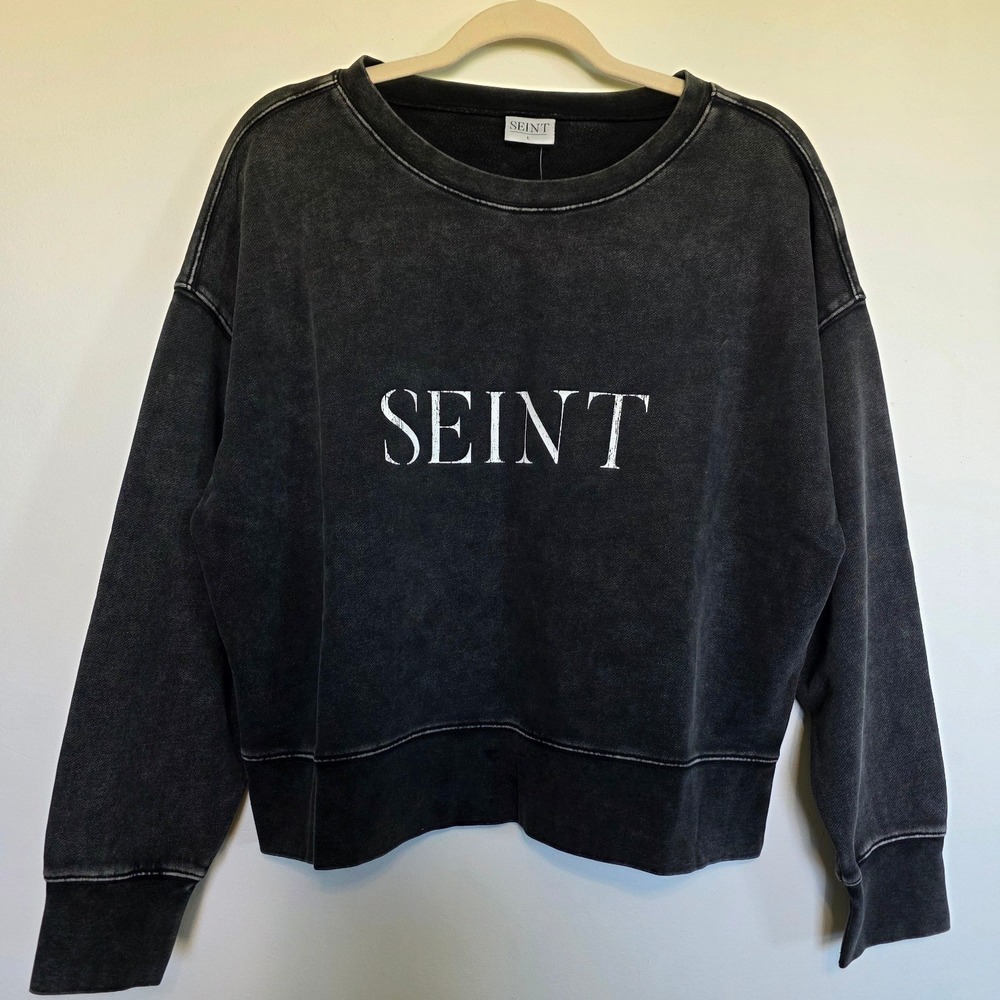 Seint Women Charcoal Mineral Wash Cotton Crewneck Oversized Sweatshirt Large NWT